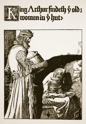 König Artus findet die alte Frau in der Hütte, Illustration aus 